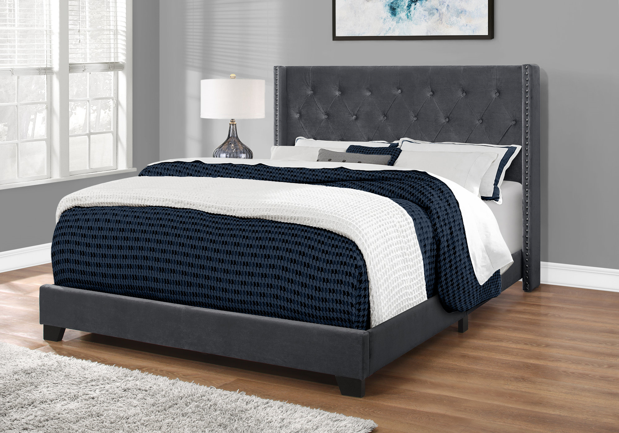 I 5986Q - BED - QUEEN SIZE / DARK GREY VELVET WITH CHROME TRIM BY MONARCH SPECIALTIES INC