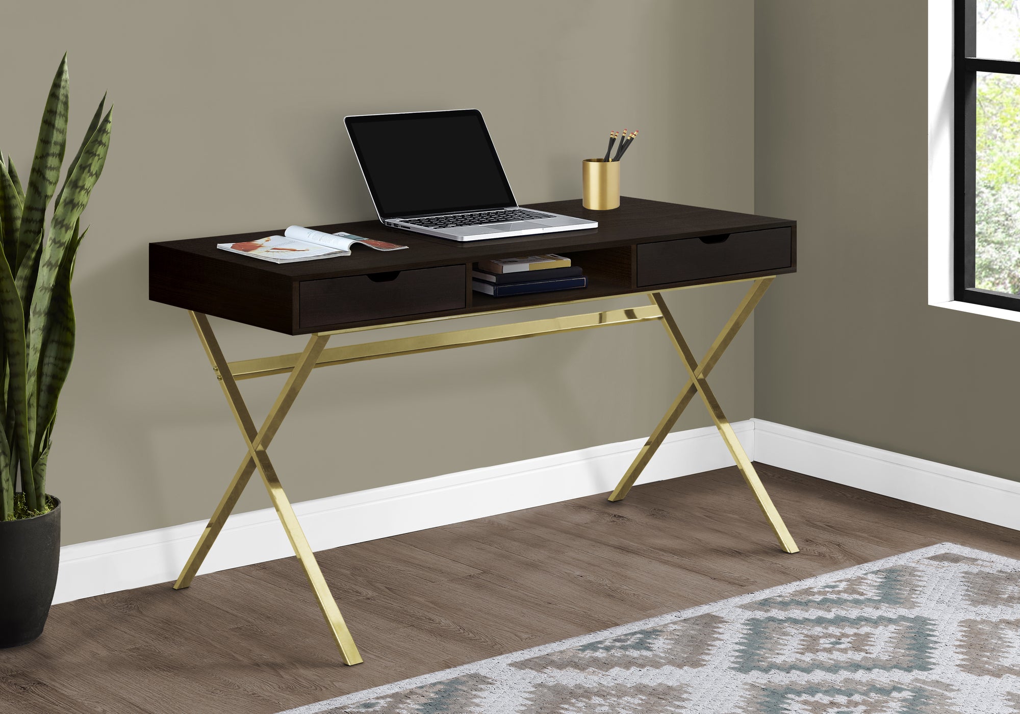 I 7210 - COMPUTER DESK - 48"L / CAPPUCCINO / GOLD METAL By Monarch Specialties Inc