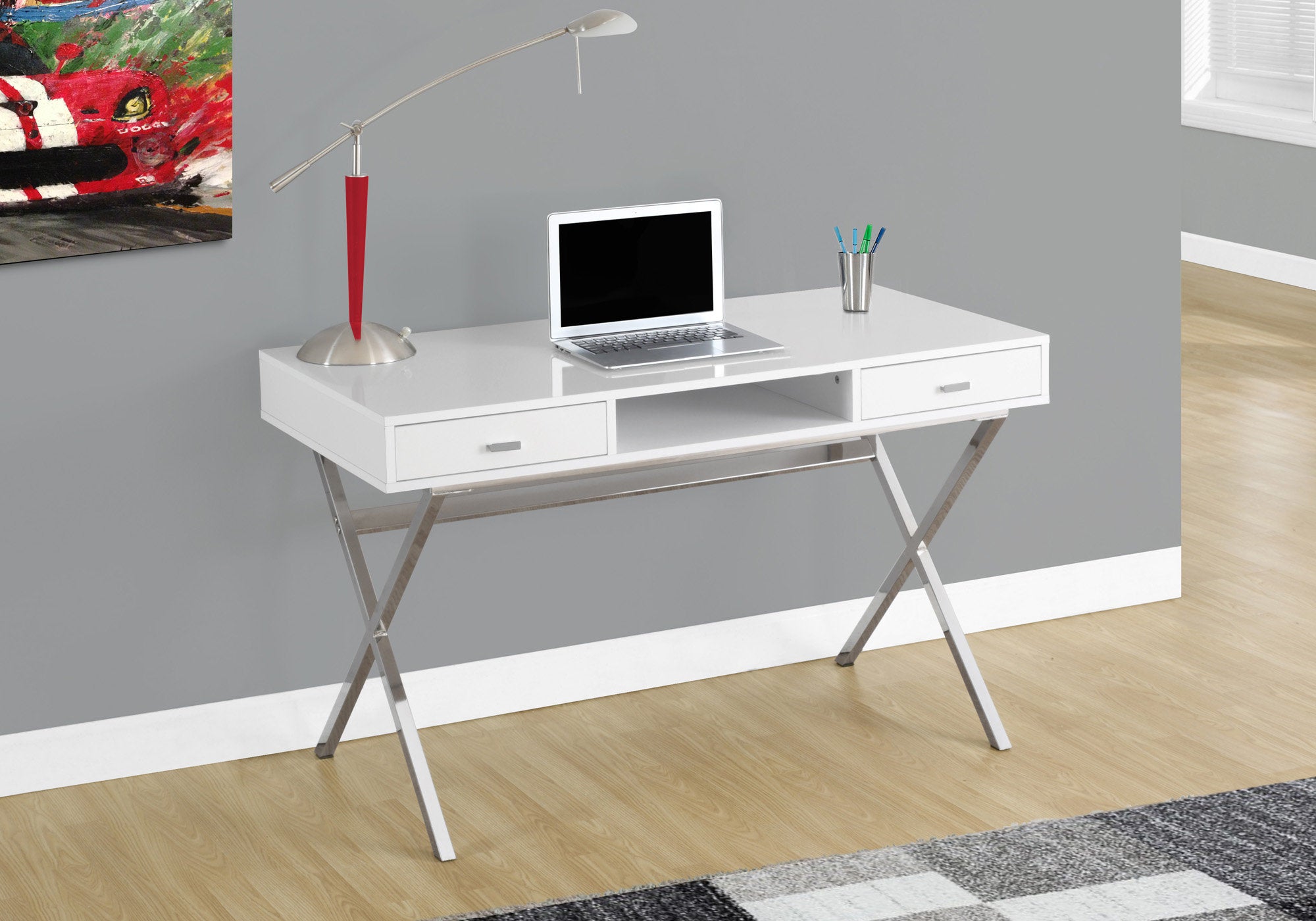 I 7211 - COMPUTER DESK - 48"L / GLOSSY WHITE / CHROME METAL BY MONARCH SPECIALTIES INC