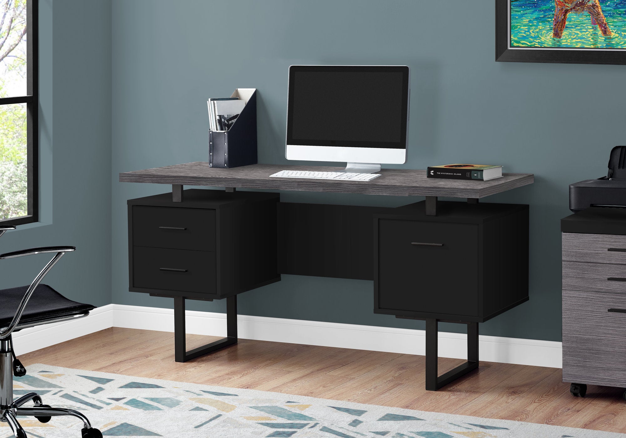 I 7415 - COMPUTER DESK - 60"L / BLACK / GREY TOP / BLACK METAL BY MONARCH SPECIALTIES INC