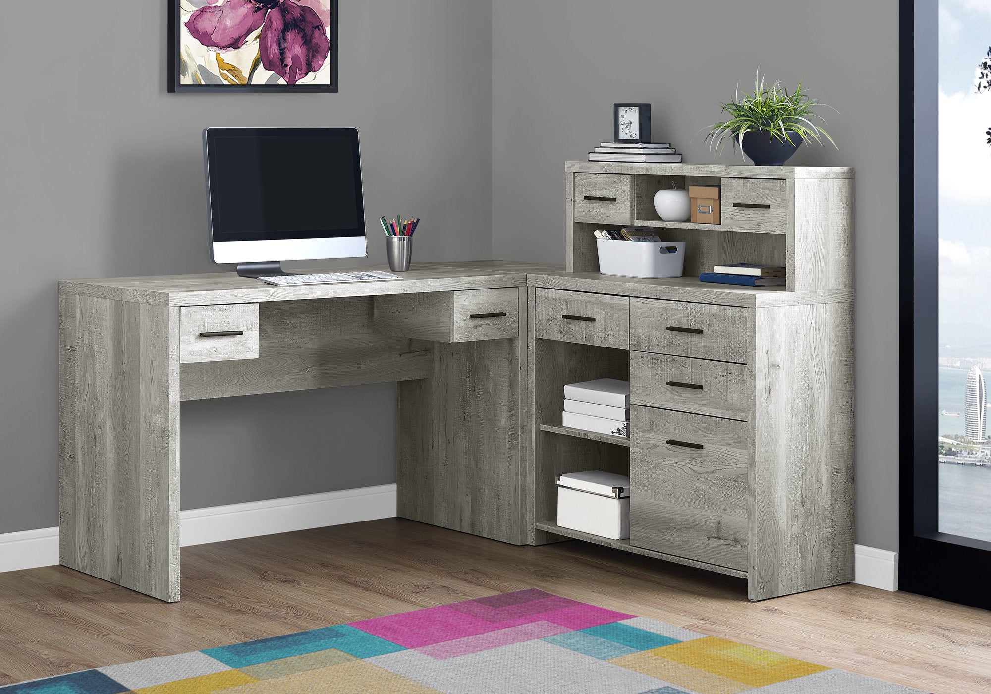 I 7428 - COMPUTER DESK - GREY RECLAIMED WOOD L/R FACING CORNER BY MONARCH SPECIALTIES INC