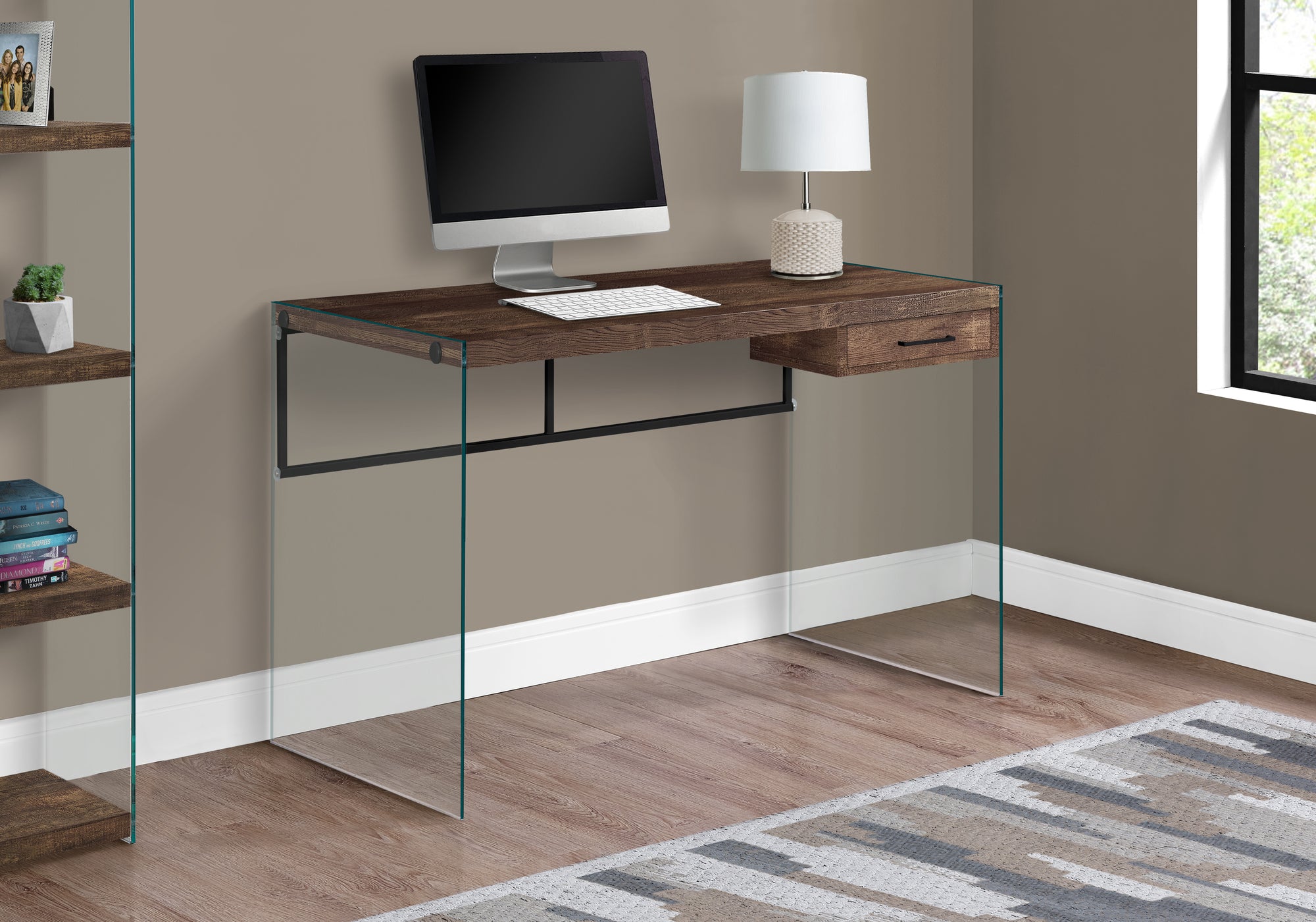 I 7444 - COMPUTER DESK - 48"L / BROWN RECLAIMED WOOD/ GLASS PANELS BY MONARCH SPECIALTIES INC