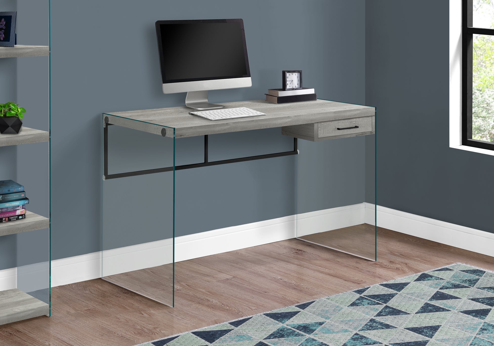 I 7445 - COMPUTER DESK - 48"L / GREY RECLAIMED WOOD / GLASS PANELS BY MONARCH SPECIALTIES INC