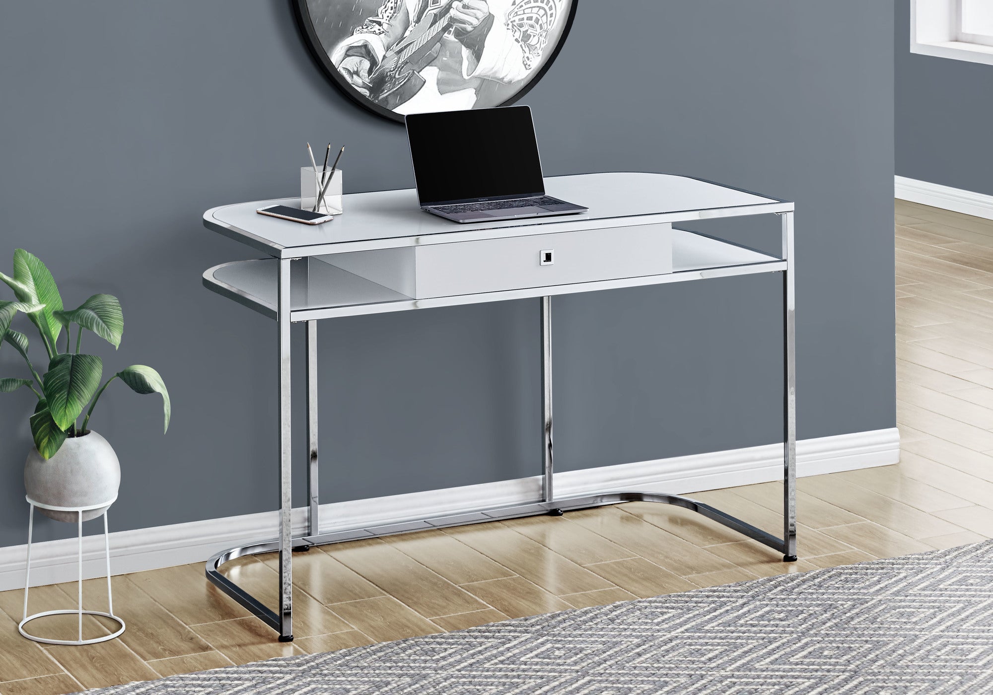 I 7520 - COMPUTER DESK - 48"L / GLOSSY WHITE / CHROME METAL BY MONARCH SPECIALTIES INC