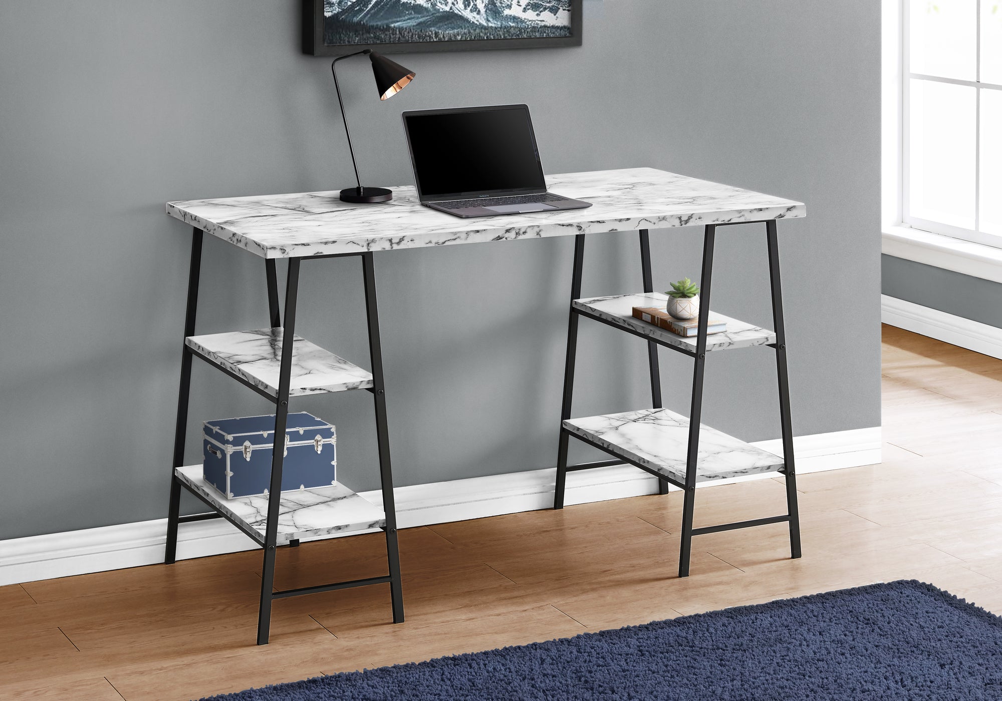 I 7527 - COMPUTER DESK - 48"L / WHITE MARBLE-LOOK / BLACK METAL BY MONARCH SPECIALTIES INC