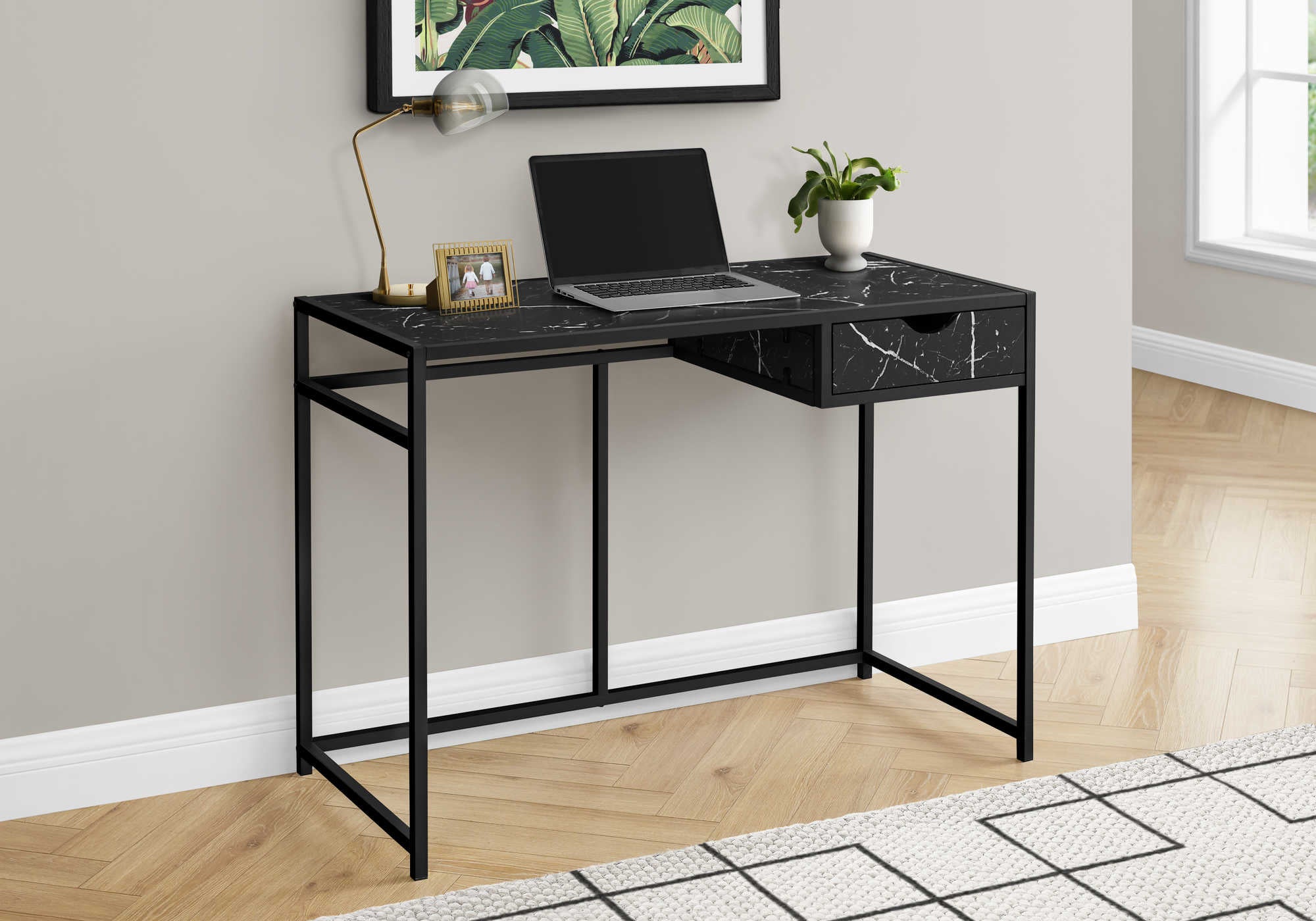 I 7572 - COMPUTER DESK - 42"L / BLACK MARBLE-LOOK / BLACK METAL BY MONARCH SPECIALTIES INC