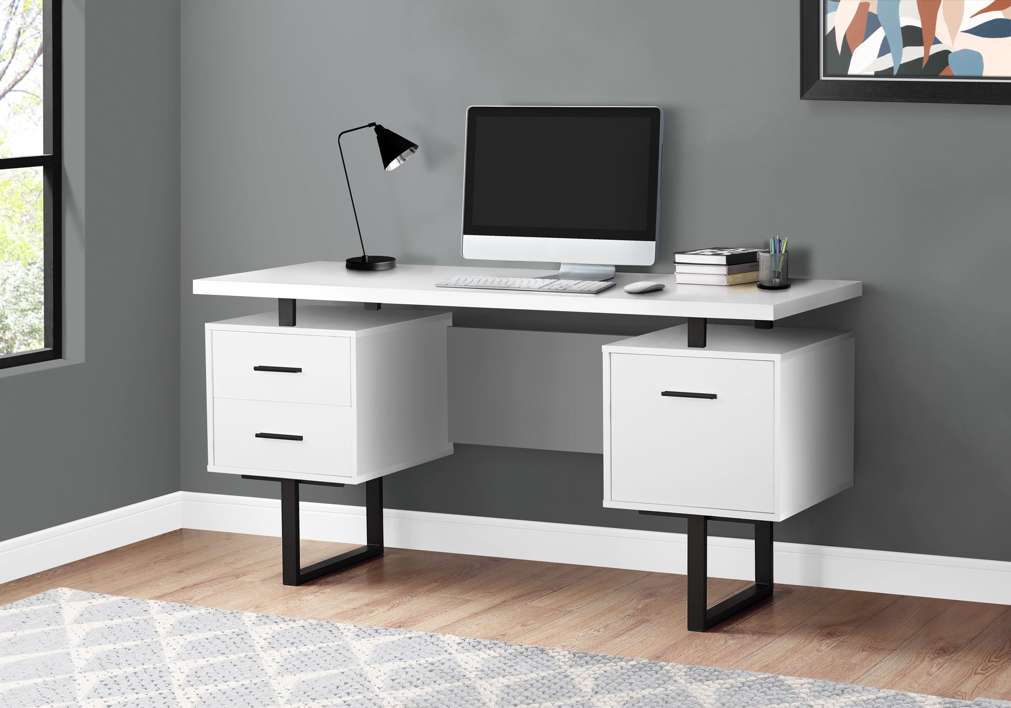 I 7631 - COMPUTER DESK - 60"L / WHITE / BLACK METAL