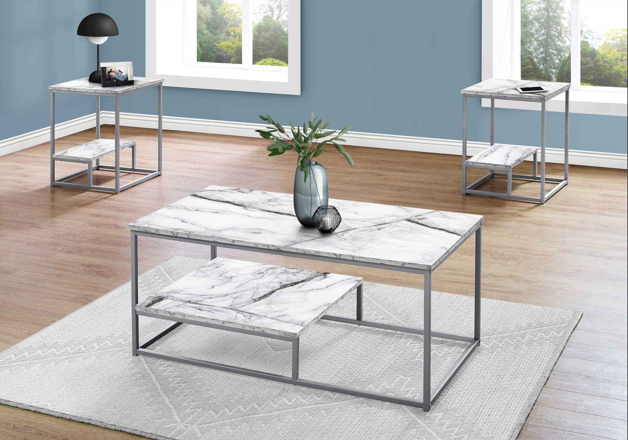 I 7963P - COFFEE TABLE SET - 3PCS SET / WHITE MARBLE / SILVER METAL BY MONARCH SPECIALTIES INC