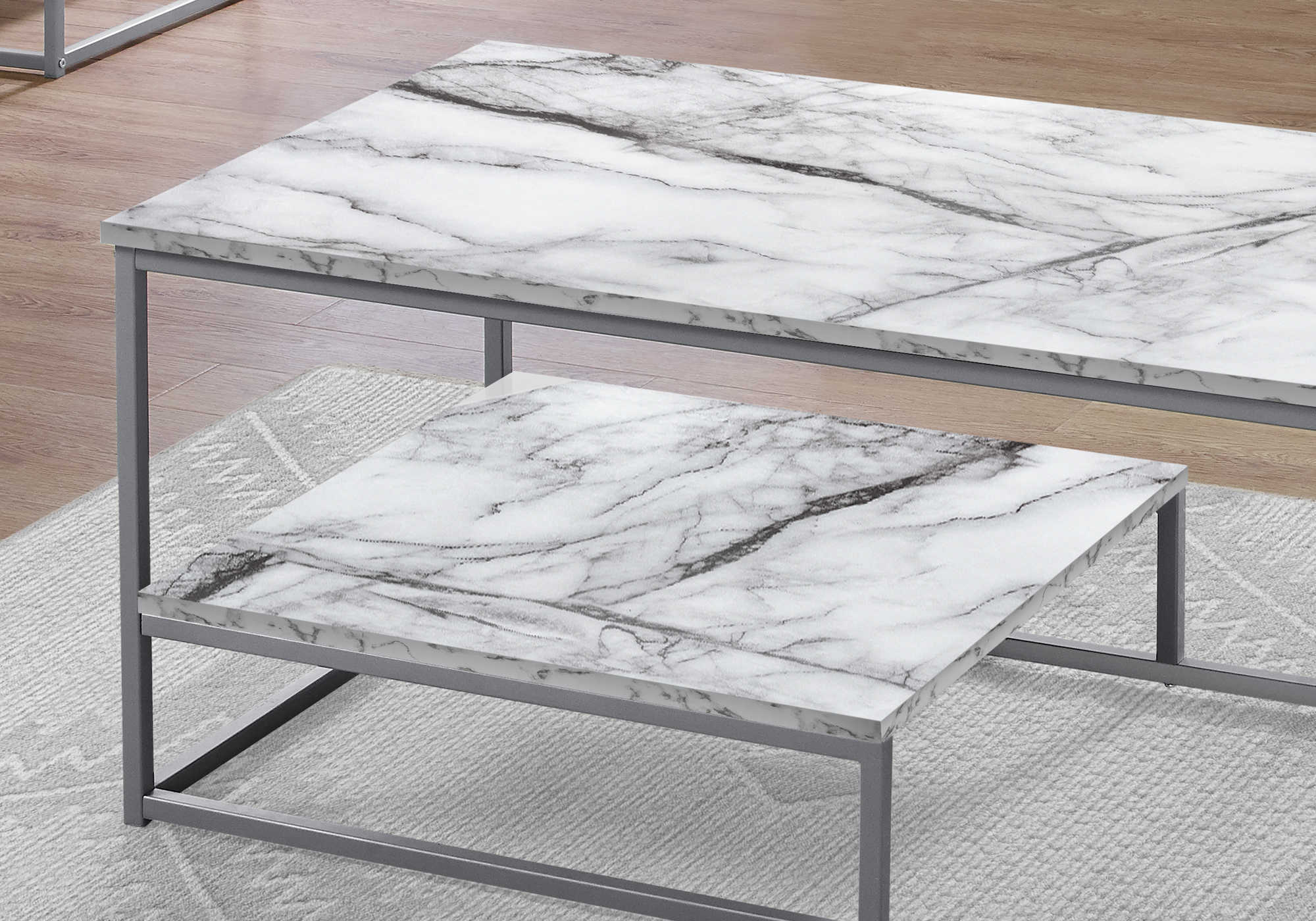 I 7963P - COFFEE TABLE SET - 3PCS SET / WHITE MARBLE / SILVER METAL BY MONARCH SPECIALTIES INC