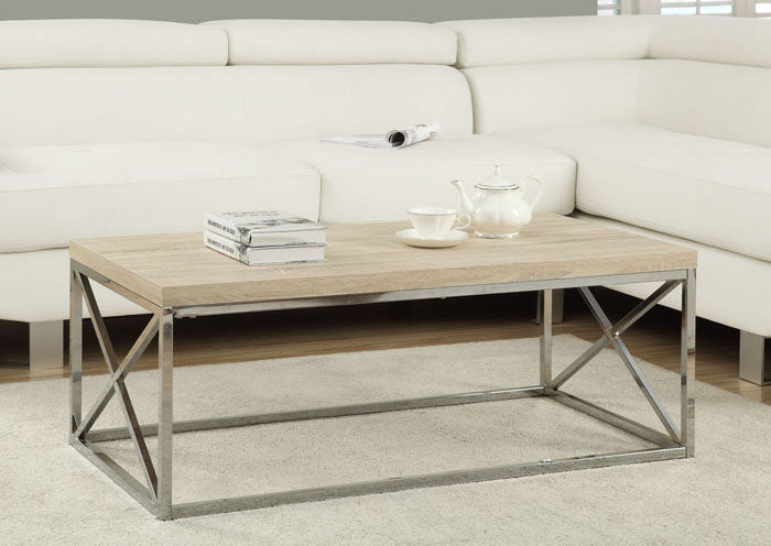 I 3208 - COFFEE TABLE – NATURAL WITH CHROME METAL BY MONARCH SPECIALTIES INC