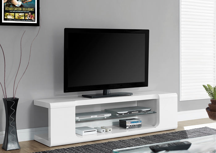 I 3535 - HIGH GLOSSY WHITE 60″L TV CONSOLE WITH TEMPERED GLASS BY MONARCH SPECIALTIES INC