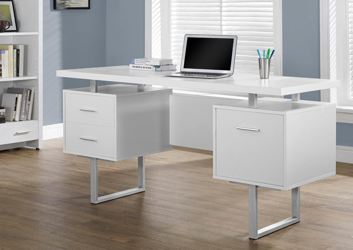 I 7081 - WHITE HOLLOW-CORE / SILVER METAL 60″L OFFICE DESK BY MONARCH SPECIALTIES INC