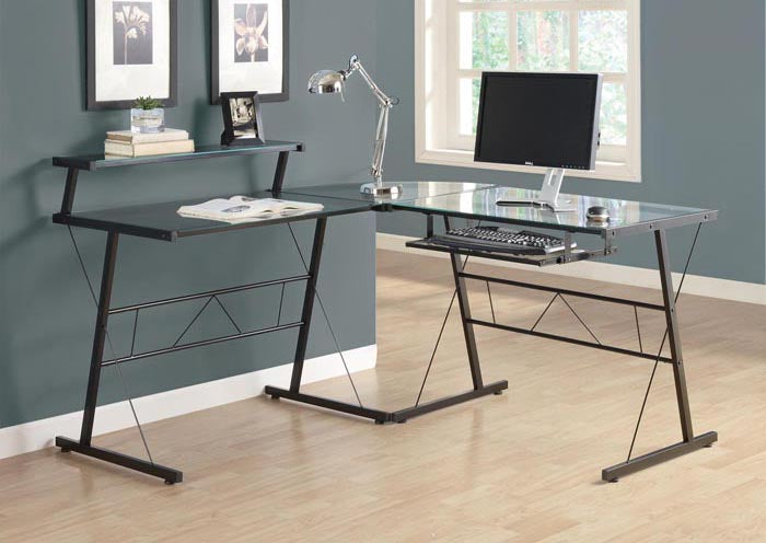 I 7172 - BLACK METAL L SHAPED COMPUTER DESK WITH TEMPERED GLASS BY MONARCH SPECIALTIES INC