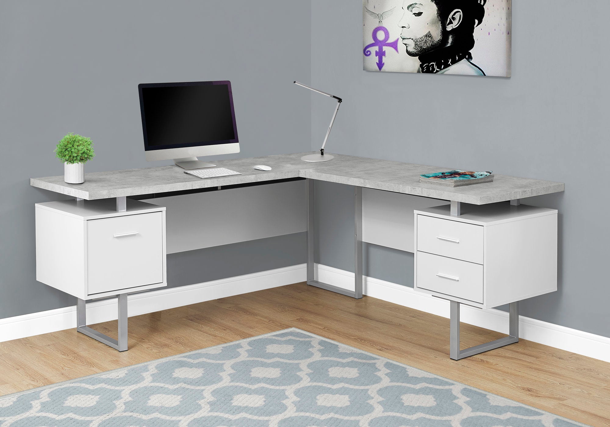 I 7307 - COMPUTER DESK - 70"L WHITE / CEMENT-LOOK LEFT/RIGHT FACE BY MONARCH SPECIALTIES INC