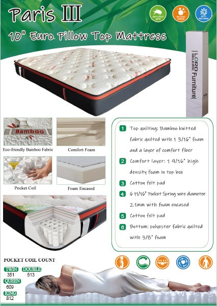 Paris III - 10" Euro Pillow Top  Pocket Coil Foam Encased Mattress in a Box - Double