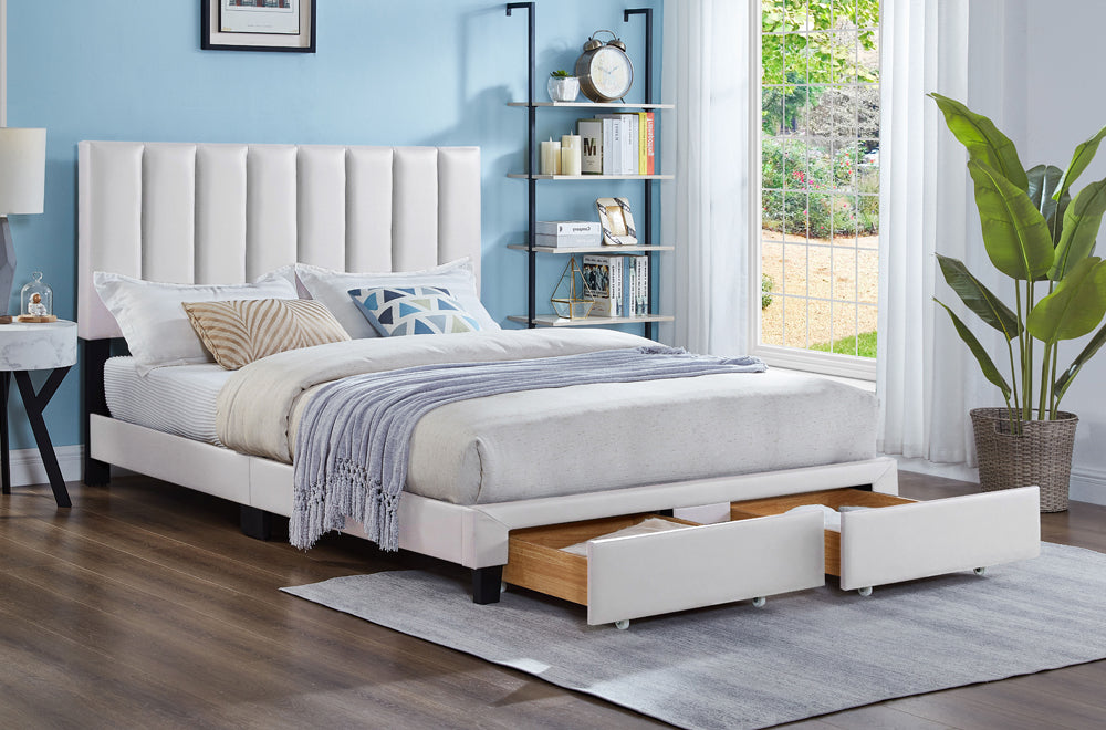 T2120W - Double Platform Storage Bed Frame in White Leatherette