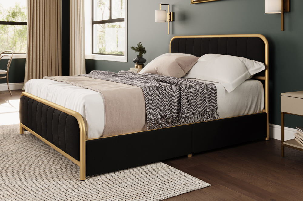 T2334 - Black Velvet Platform Bed Frame w/ Wired Storage Drawers