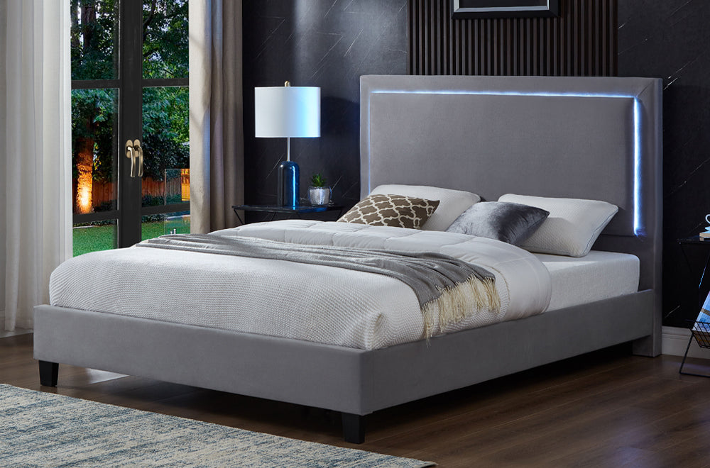 T2365 - King Bed Frame with LED Lights in Velvet Grey