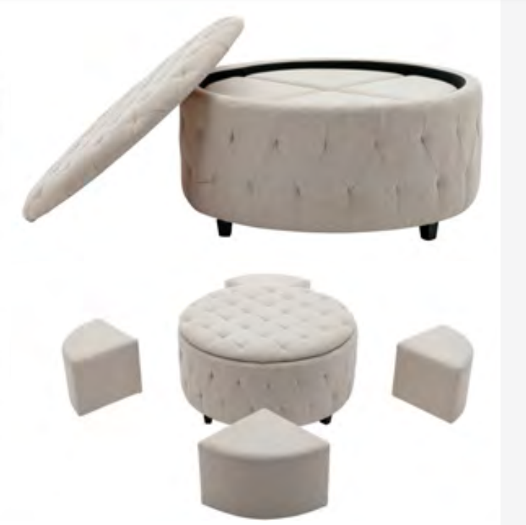 T811W - 36" Round Storage Ottoman in Off White