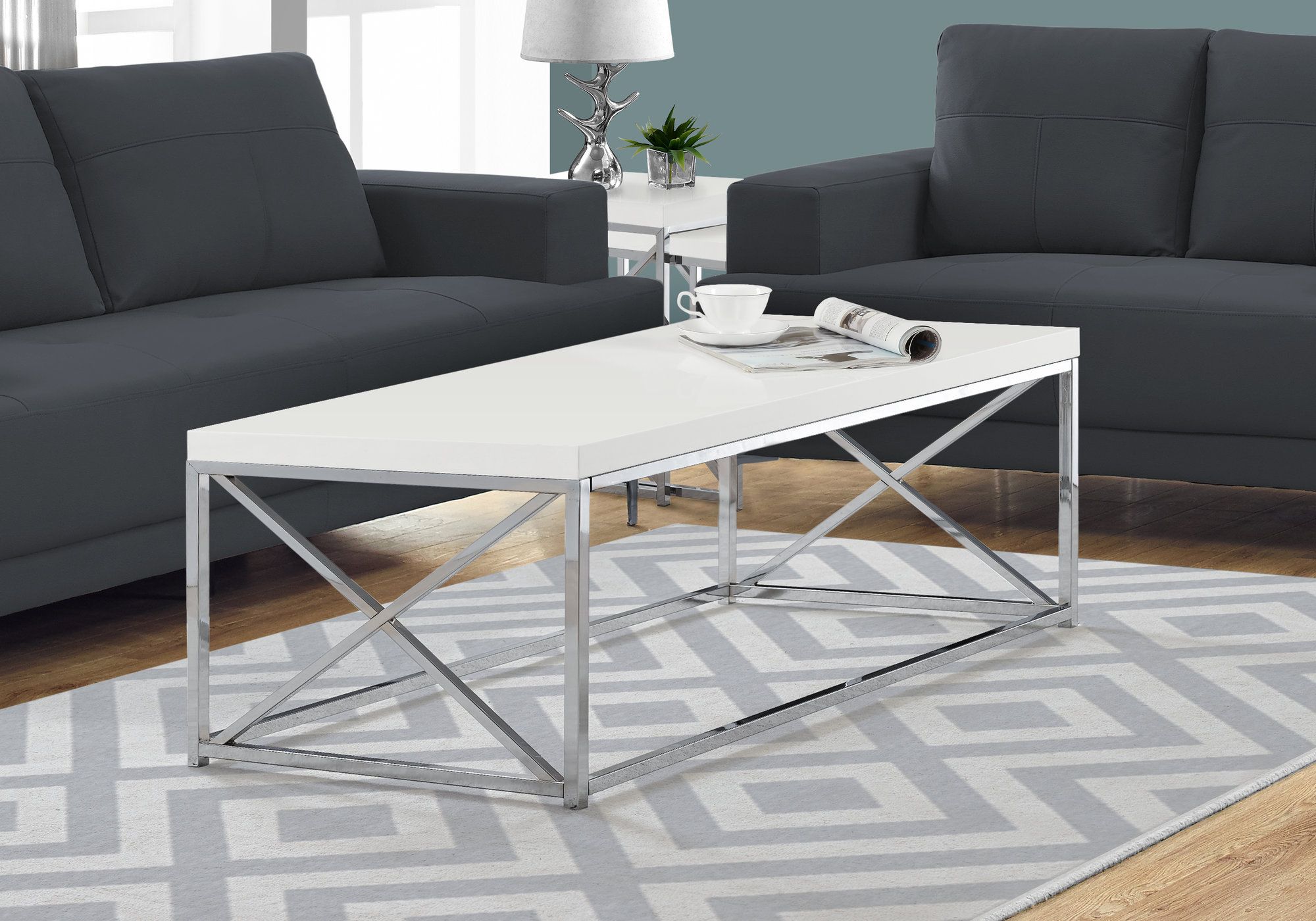 I 3028 - GLOSSY WHITE / CHROME METAL COCKTAIL TABLE BY MONARCH SPECIALTIES INC