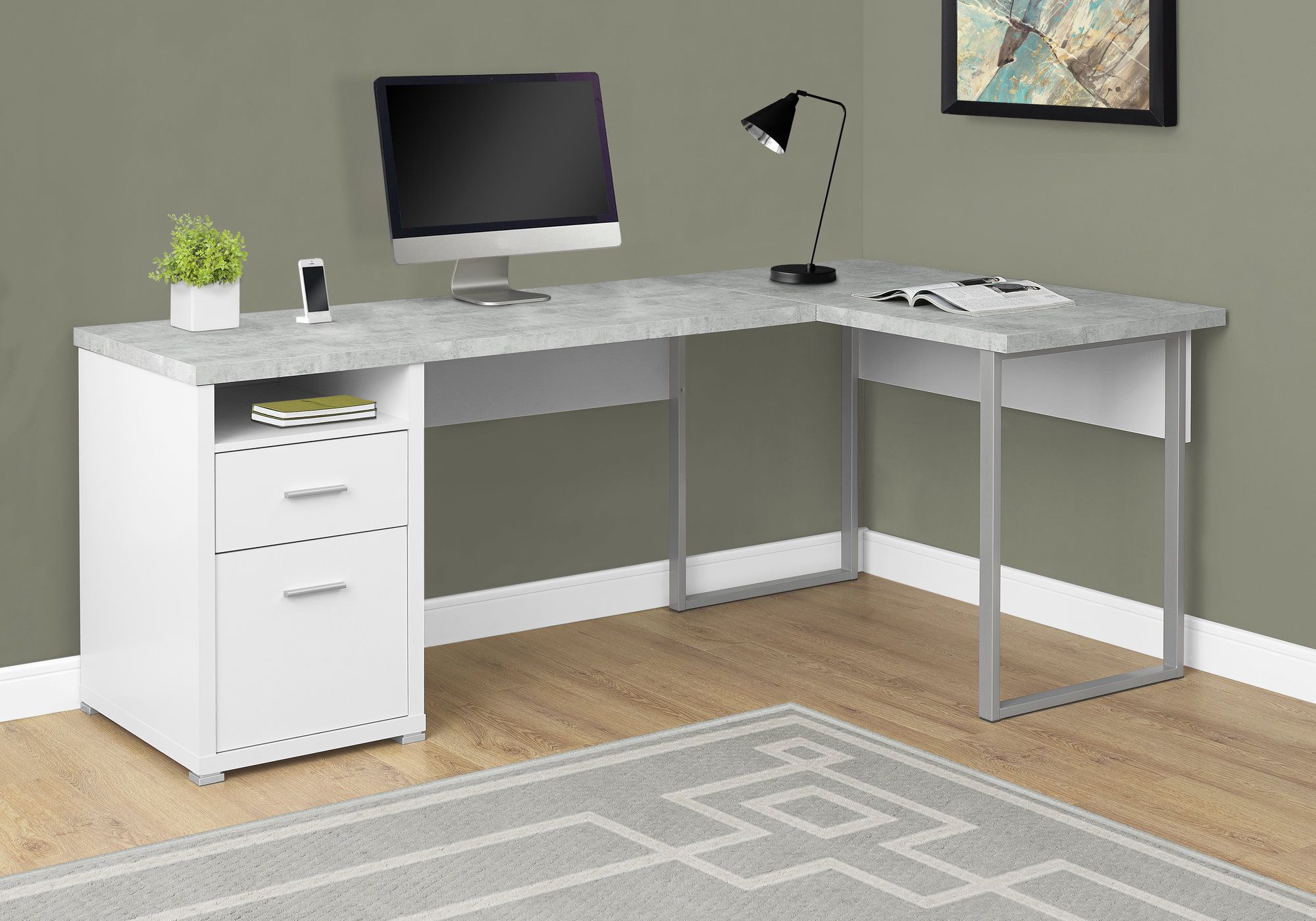I 7258 - COMPUTER DESK - 80"L WHITE / CEMENT-LOOK LEFT/RIGHT FACE By Monarch Specialties Inc