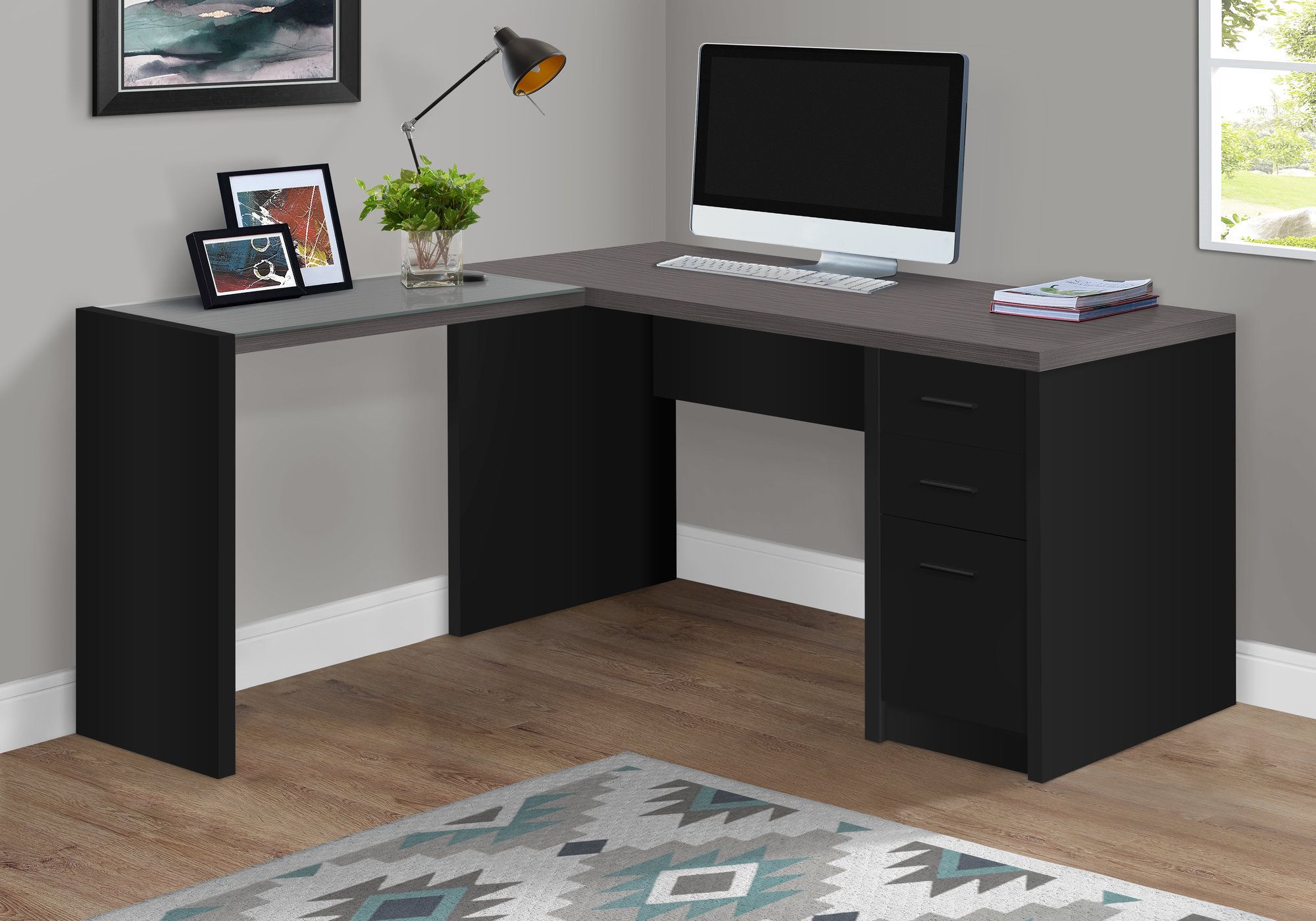 I 7431 - COMPUTER DESK - BLACK / GREY TOP CORNER W/ TEMPERED GLASS By Monarch Specialties Inc