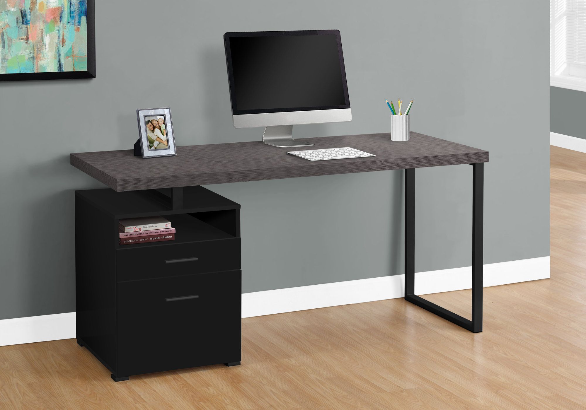 I 7436 - COMPUTER DESK - 60"L / BLACK / GREY TOP / BLACK METAL By Monarch Specialties Inc