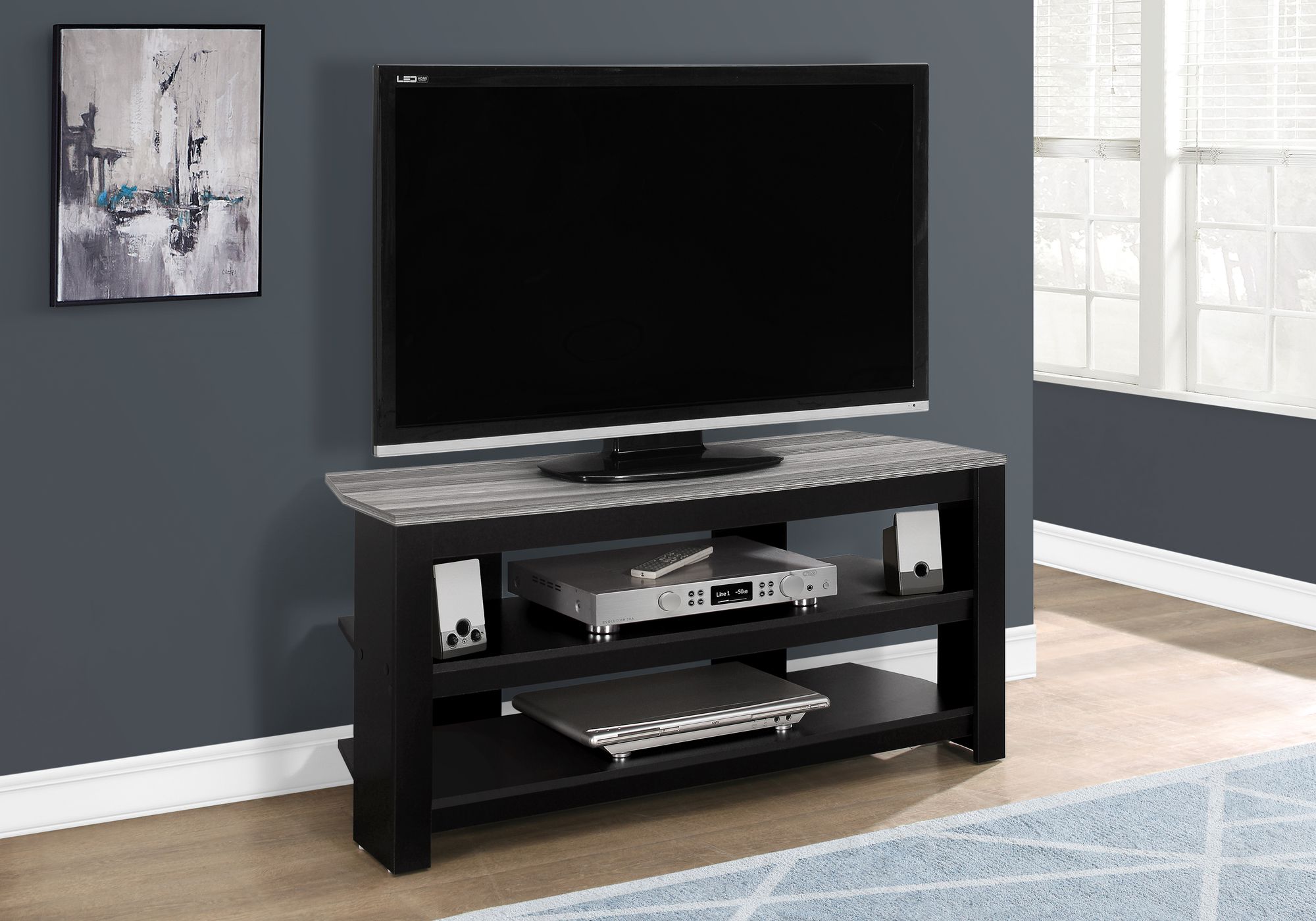 I 2564 - TV STAND - 42"L / BLACK / GREY TOP CORNER By Monarch Specialties Inc