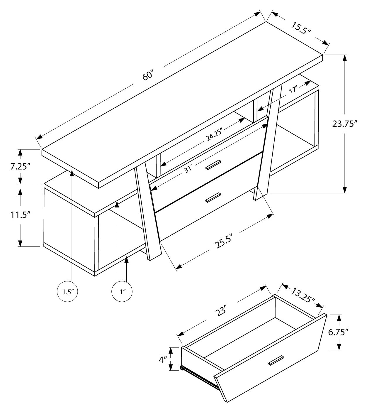 I 2721 - TV STAND - 60"L / DARK TAUPE WITH 2 STORAGE DRAWERS