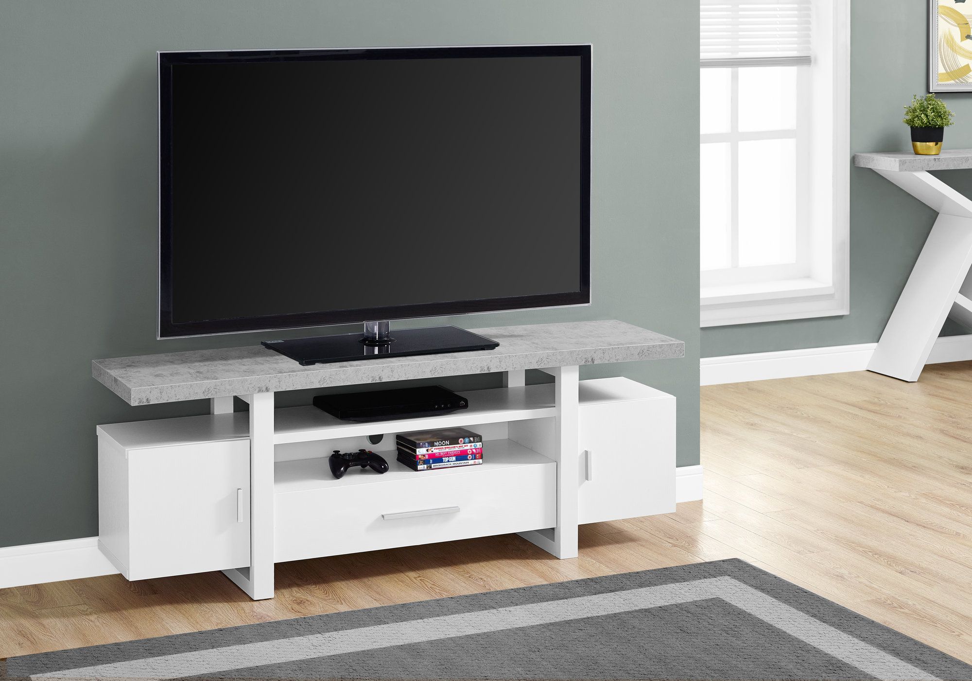 I 2725 - TV STAND - 60"L / WHITE / CEMENT-LOOK TOP