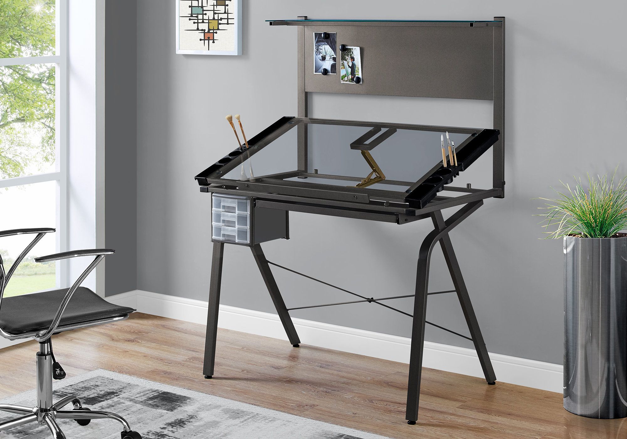 I 7034 - DRAFTING TABLE - ADJUSTABLE / GREY METAL / TEMPERED GLASS BY MONARCH SPECIALTIES INC