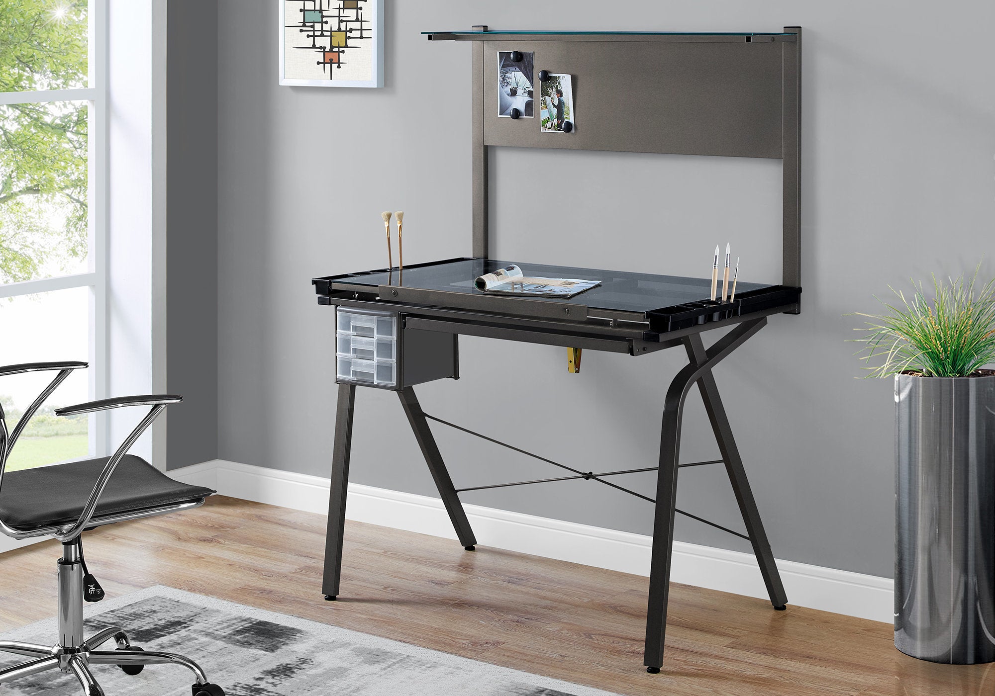 I 7034 - DRAFTING TABLE - ADJUSTABLE / GREY METAL / TEMPERED GLASS BY MONARCH SPECIALTIES INC