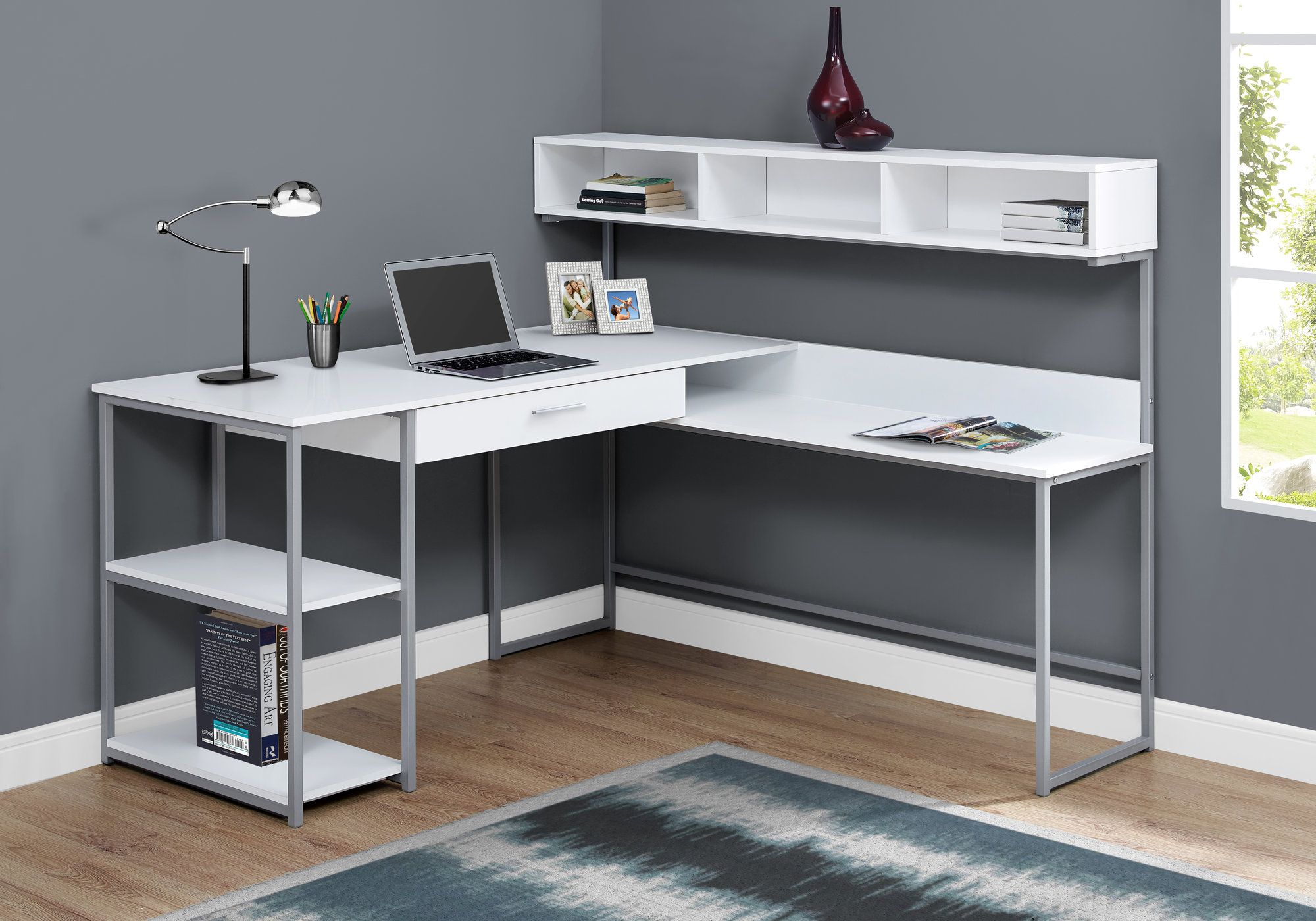 I 7162 - COMPUTER DESK - WHITE / SILVER METAL CORNER BY MONARCH SPECIALTIES INC