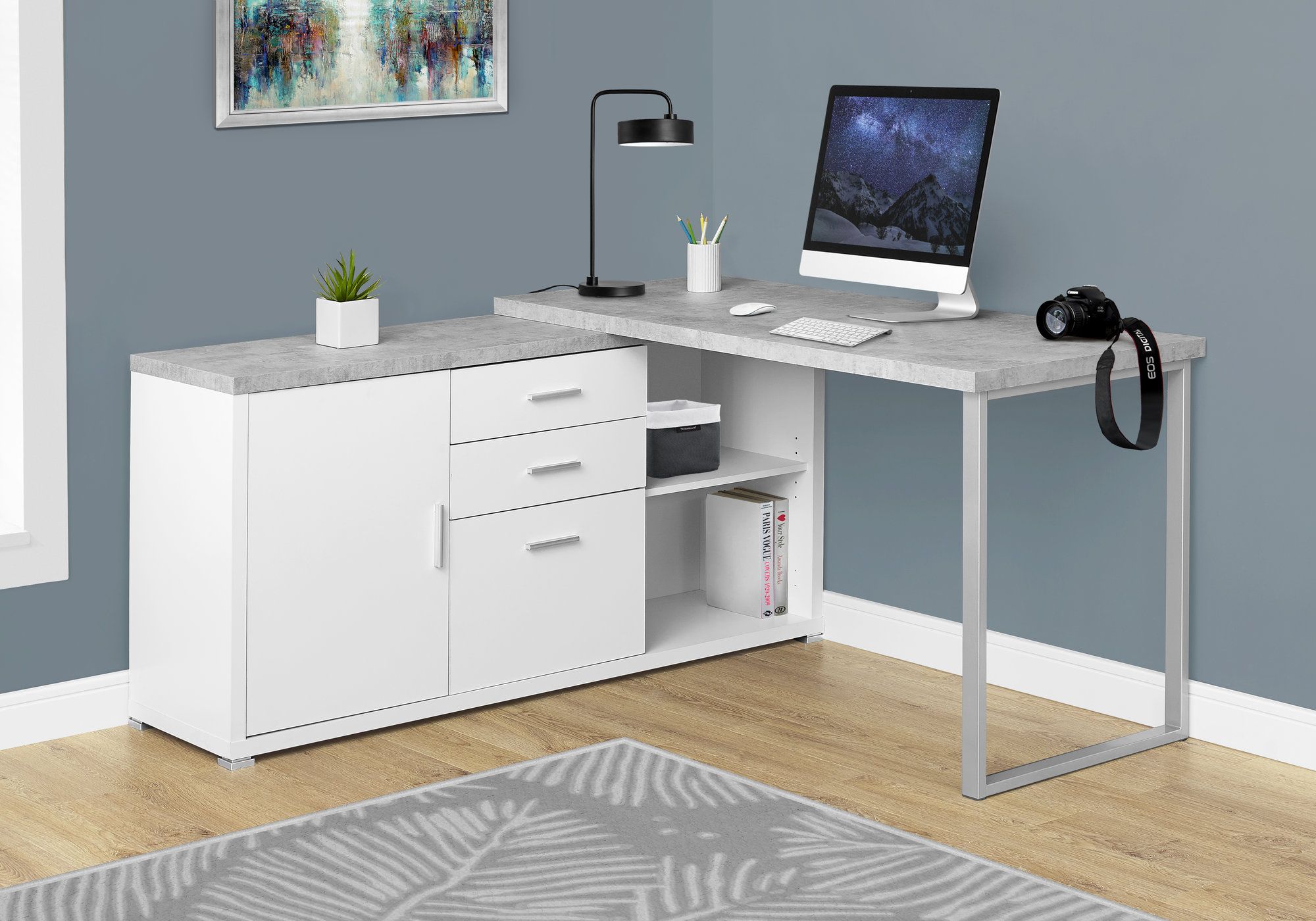 I 7288 - COMPUTER DESK - 60"L WHITE / CEMENT-LOOK LEFT/RIGHT FACE  BY MONARCH SPECIALTIES INC