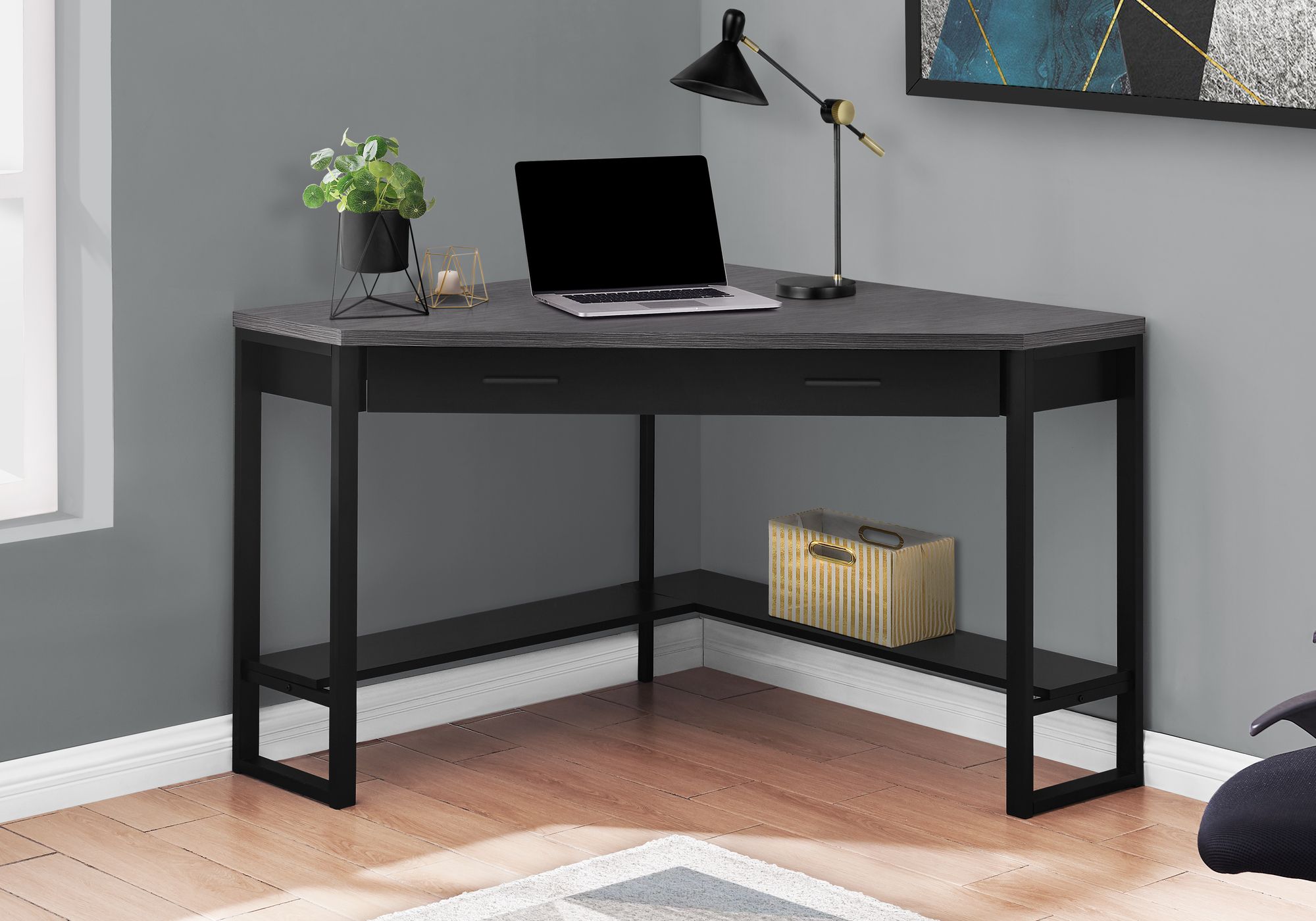 I 7503- COMPUTER DESK - 42"L / BLACK / GREY TOP CORNER / BLACK BY MONARCH SPECIALTIES INC