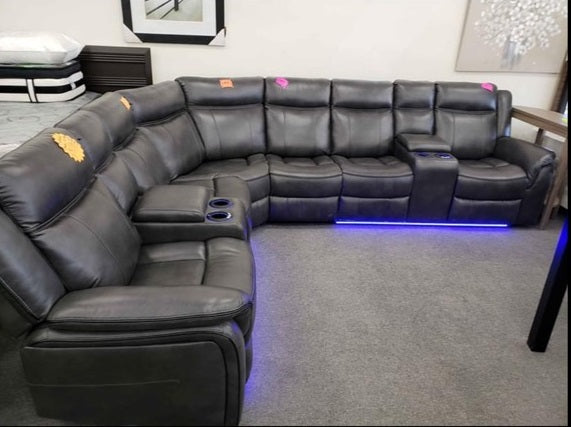 Marcelo 4Pc Power Recliner Sectional with 2 Consoles, LED Lights and USB Port  in Grey Leather Gel